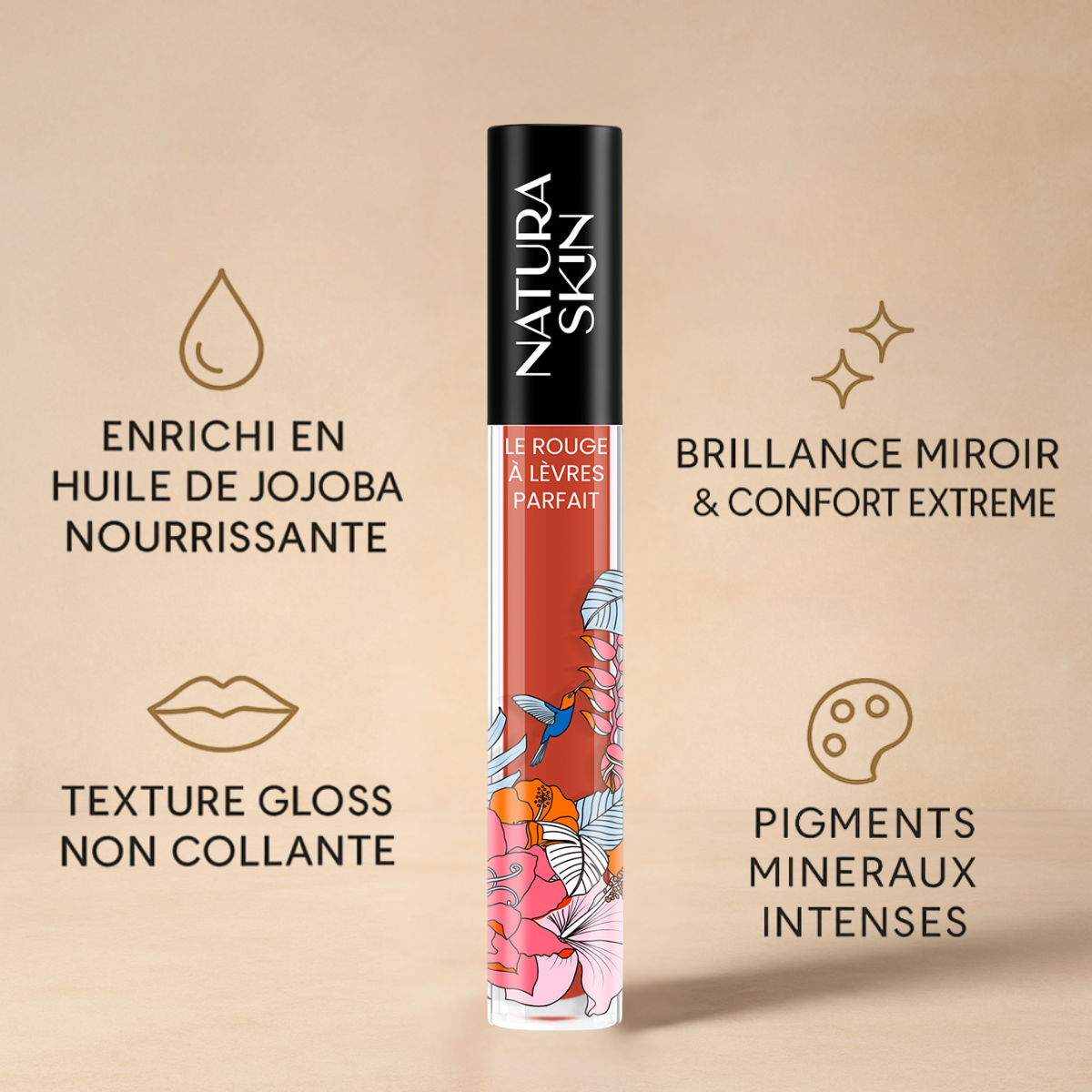 Gloss lèvres liquide orange vif au rendu éclatant
