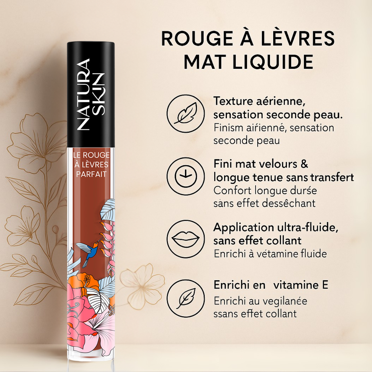Rouge à lèvres mat longue tenue en nuance terre cuite foncée