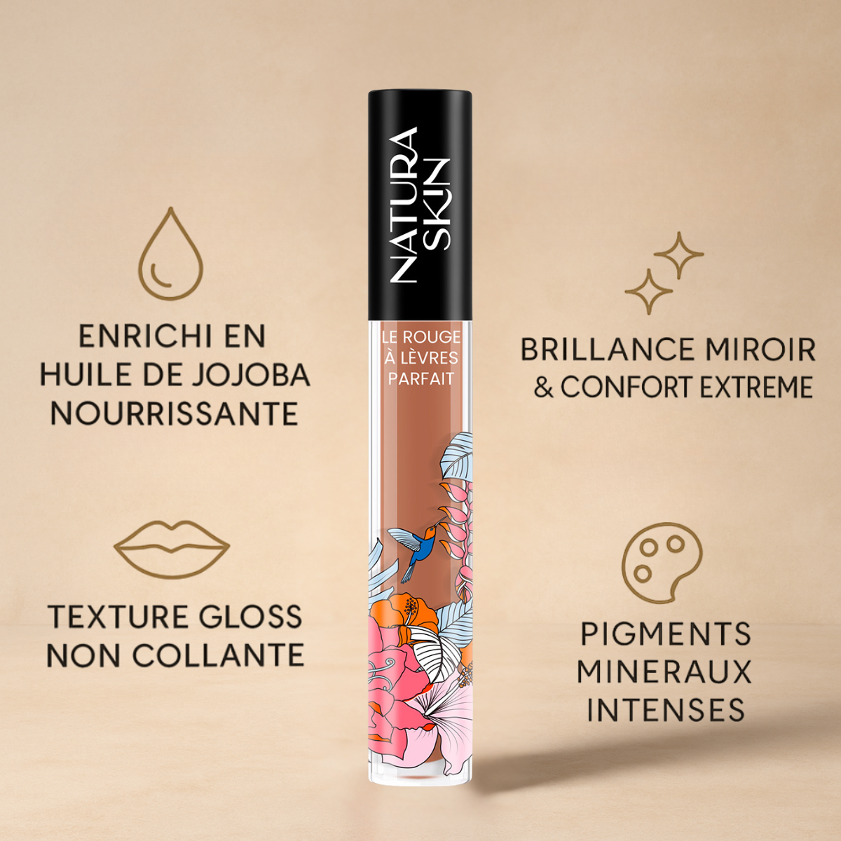 Gloss lèvres brun cuivré idéal pour un look chic et moderne