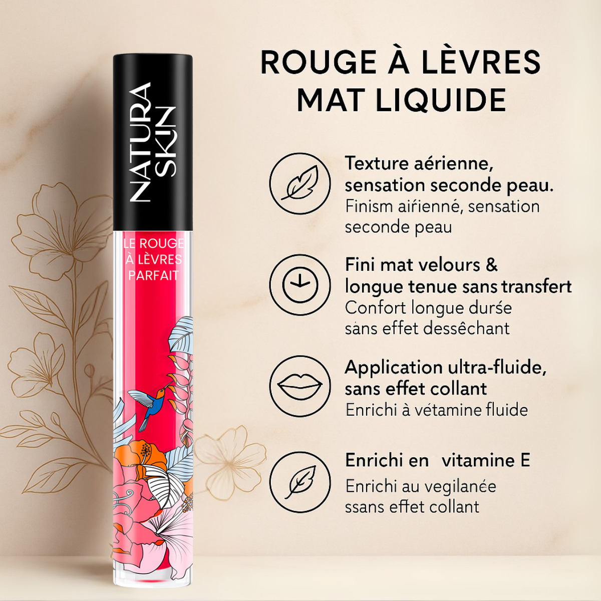 Rouge à lèvres mat longue tenue en nuance cerise lumineuse