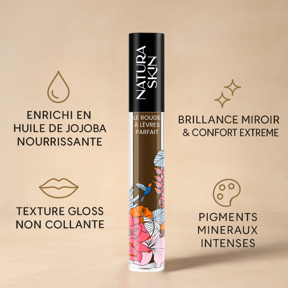 Gloss lèvres brun chaud longue tenue au rendu chic